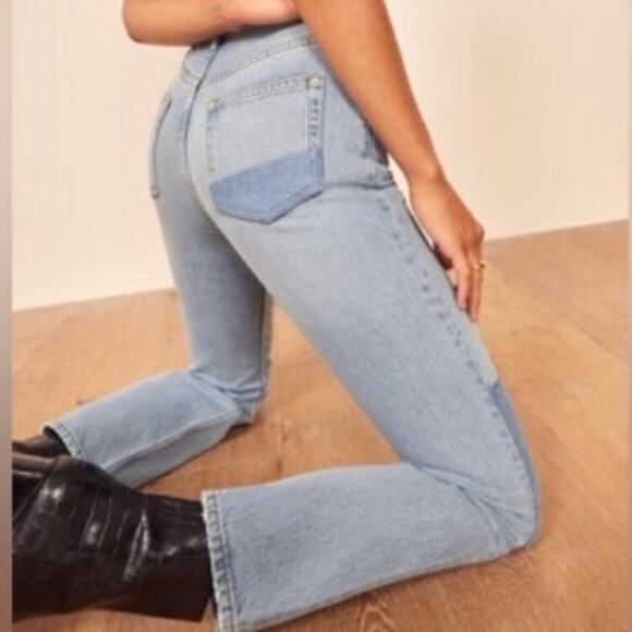 Reformation Tahoe Cynthia Patch High Rise Straight Button Fly Denim Jeans - Picture 8 of 15